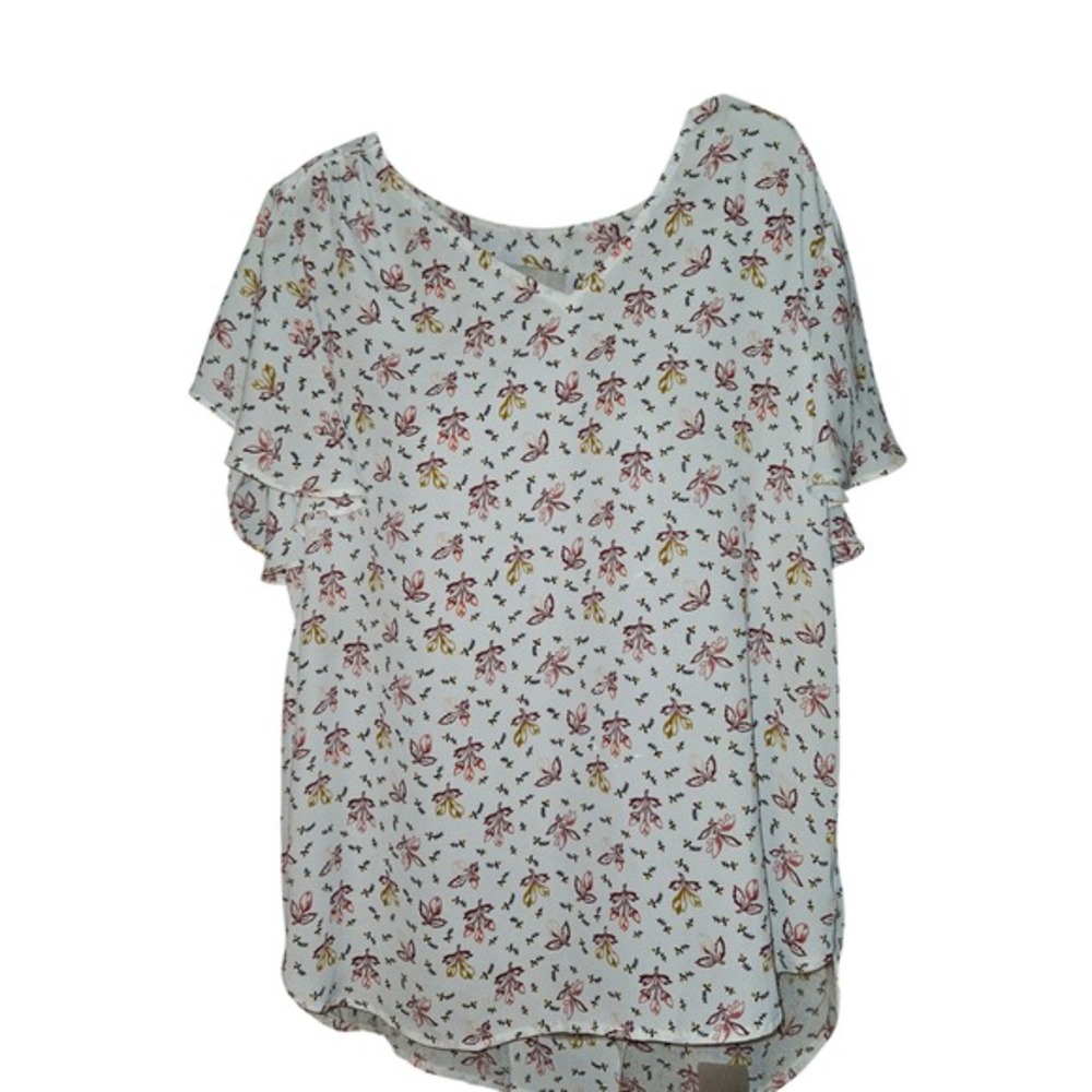 Loft Women XS White Floral Flutter Sleeve Blouse Scoop Neck Relaxed Fit Top